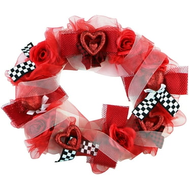 Fraser Hill Farm 20-In. Valentine's Day Ribbon Wreath | Roses, Bows, and Glitter Hearts | Festive Hanging Door or Wall Decoration | FF020VTWR002-0RED