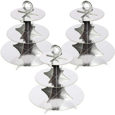 3 Pack Silver Foil 3-Tiered Cupcake Holders with Scalloped Edge for Girl Baby Showers, Birthday Party