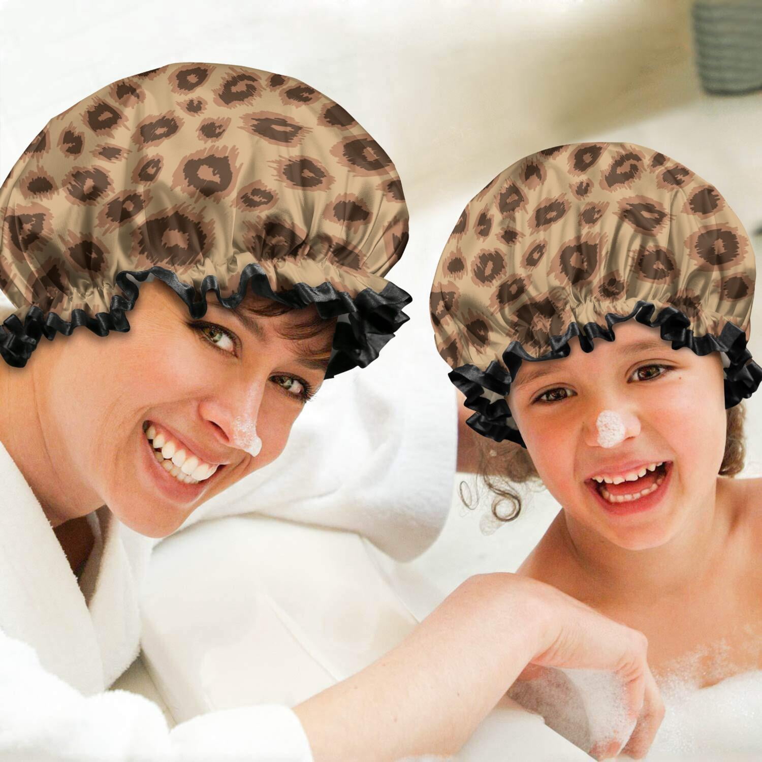 Shower Caps,Leopard Pattern Waterproof Shower Cap for Women 4 Pieces,Double Reusable Hair Cover for Shower PEVA Elastic Stretch Hem