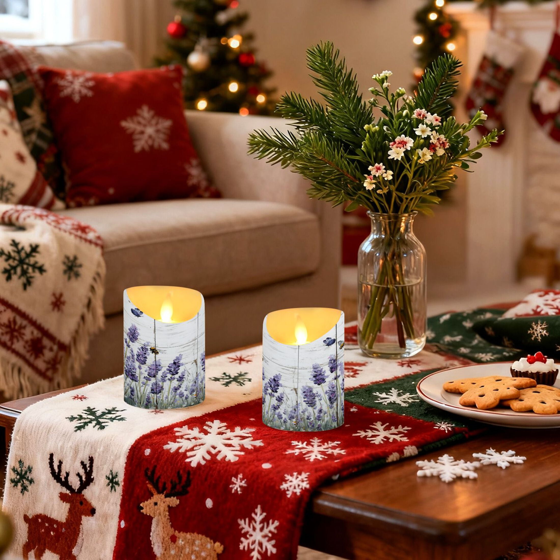 2 PCS Tilted Flameless Candles Flickering LED Lights Battery Operated Candles with Remote Timers for Holiday Decor Lavender and Bees