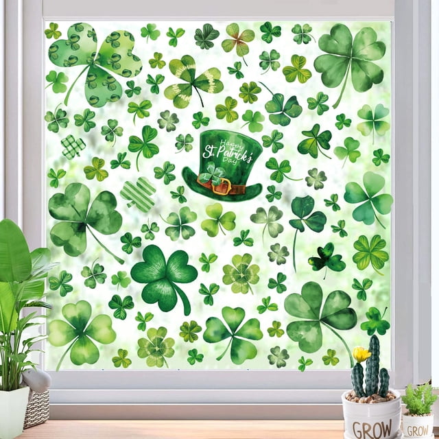 Decoraciones para el Día de San Patricio, calcomanías estáticas de trébol para ventanas, puertas y ventanas de vidrio, decoraciones verdes para el Día de San Patricio, calcomanías estáticas de PVC par