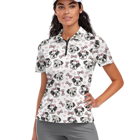 Whosucclay Puppy Bow Pattern Design Polo Shirts, Lightweight Half Zip Quick Dry Tennis Shirts for Golf Outdoor Travel Easy Wash Size Medium