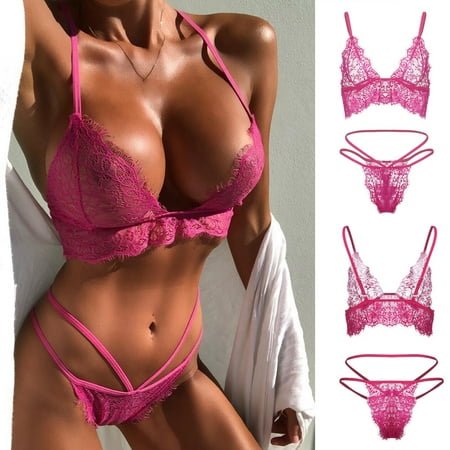 

yotyukeb Sleepwear For Womens Pajamas For Womens Cute Lingerie Lace Bodydoll Deep V Neck Bra + Underwear