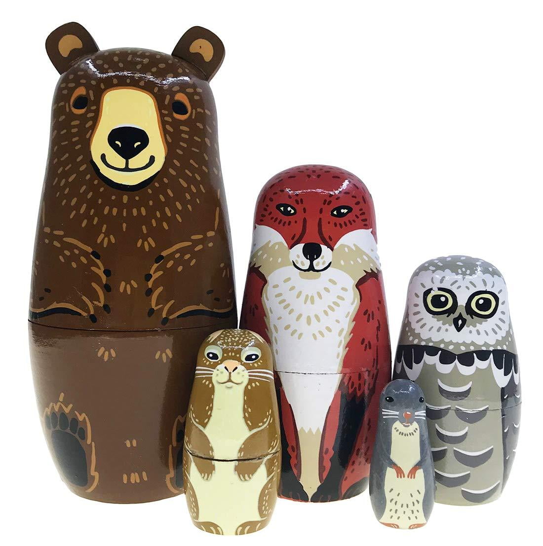 Cute Animal Dog and Friends Nesting Doll Wooden Matryoshka Russian Doll Handmade Stacking Toy Set 5 Pieces For Kids Girl Gifts Home Decoration 