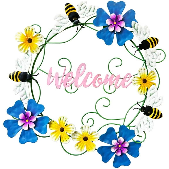 Metal Honey Bee Hanging Welcome Signs Wall Decor Front Door Wreath Garden Fence Patio Porch Yard Spring Indoor Outdoor Decorations 13''H
