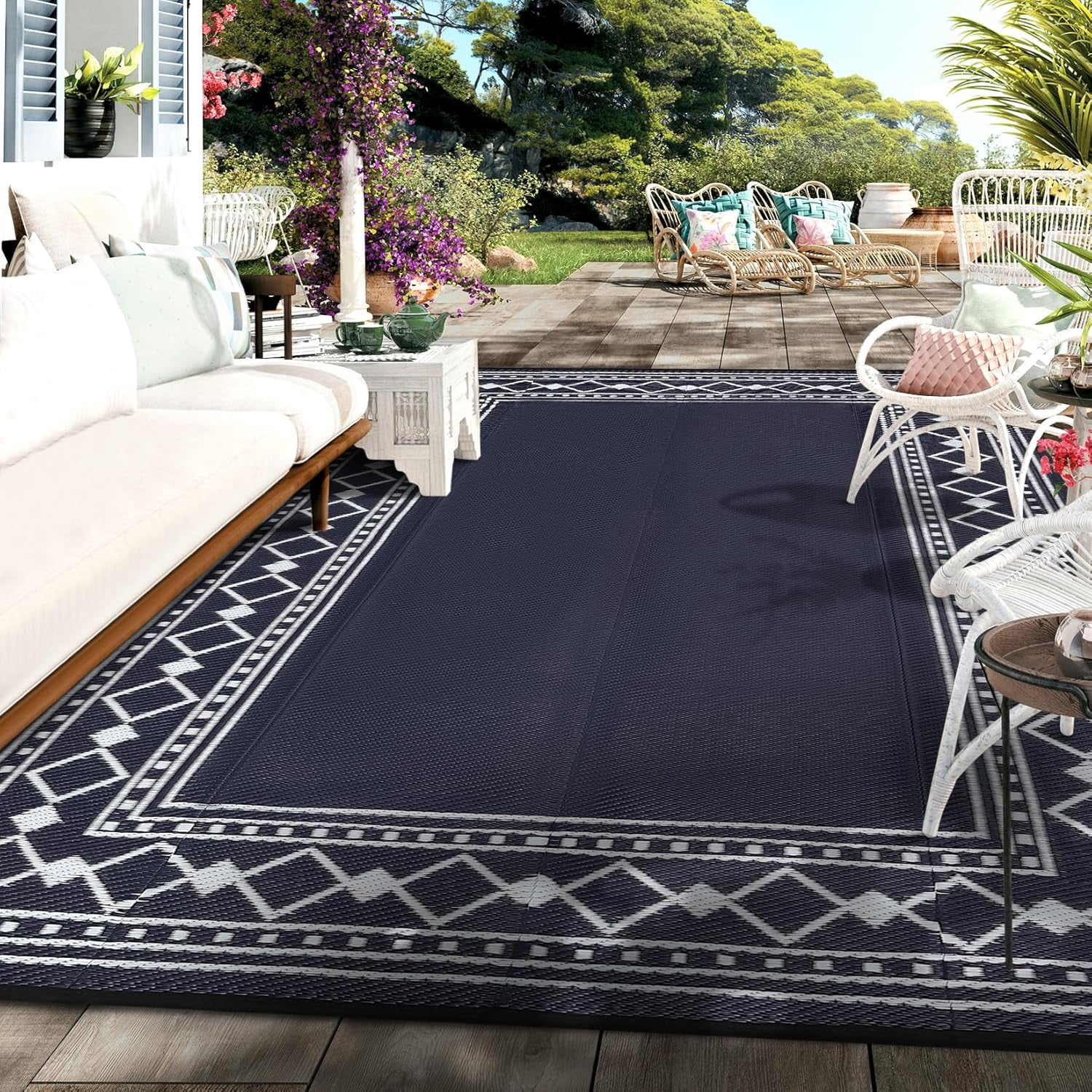 Funslane 10' x 14' Waterproof Outdoor Rug, Reversible Plastic Straw Patio Mat, Easy to Clean & Portable, for Deck, RV, Camping & Balcony, Navy/White