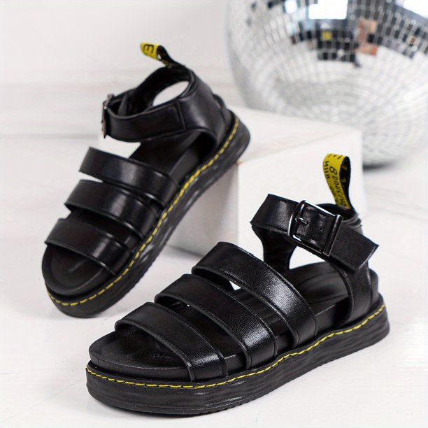 Sandalias con plataforma plana para mujer: zapatos de suela gruesa con correa en el tobillo y hebilla para un look casual de playa de verano