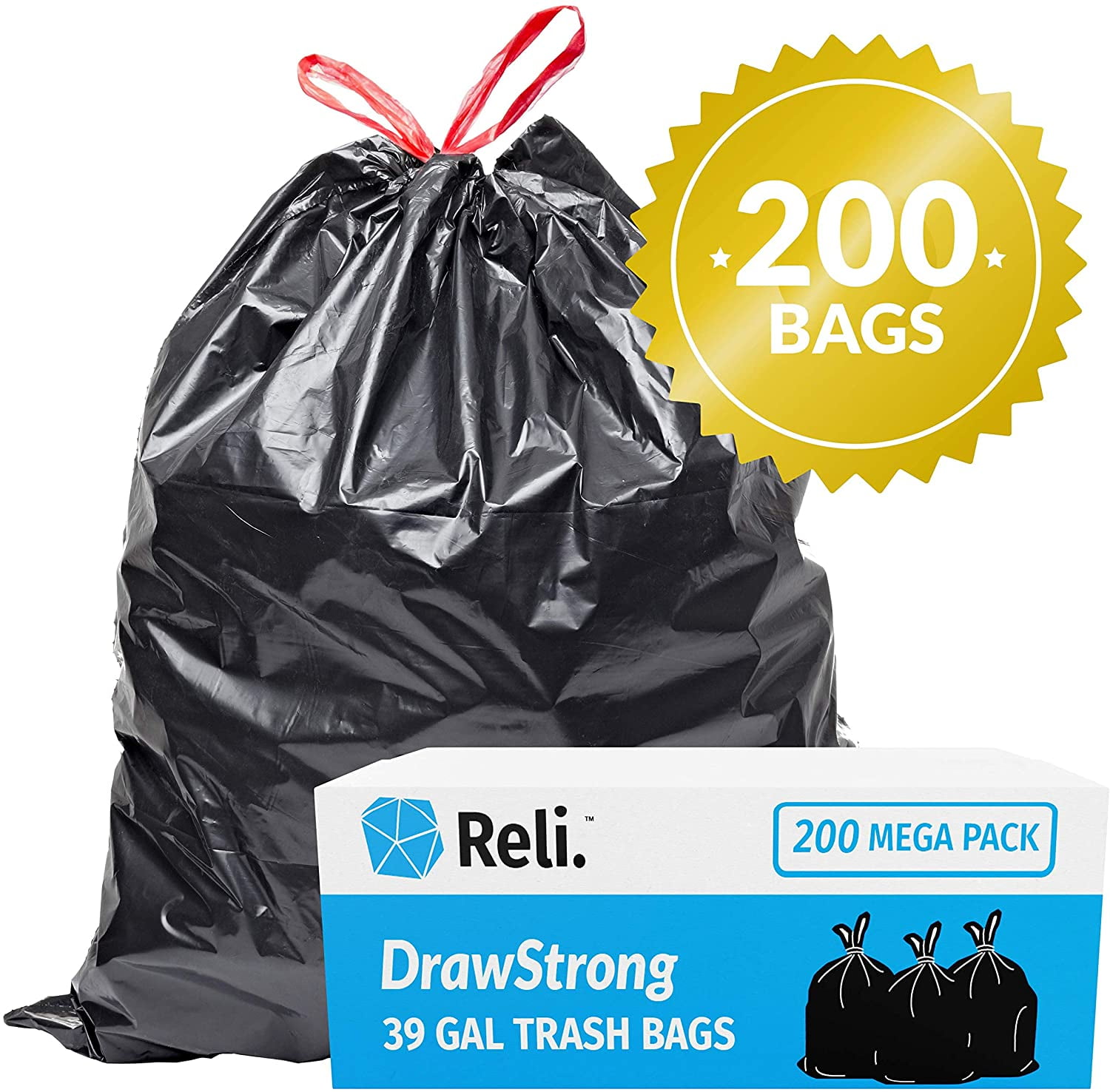  Reli. 39 Gallon Trash Bags Drawstring (200 Count Bulk) Large 39  Gallon Heavy Duty Drawstring Trash Bags - Black Garbage Bags 39 Gallon  Capacity, Lawn Leaf (39 Gal) : Books
