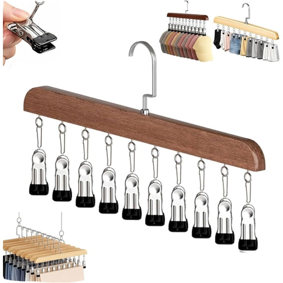 360° Rotating Wooden Pants Hanger with 10 Clips, Space Saving Closet Organizer for Pants, Socks and Undergarments