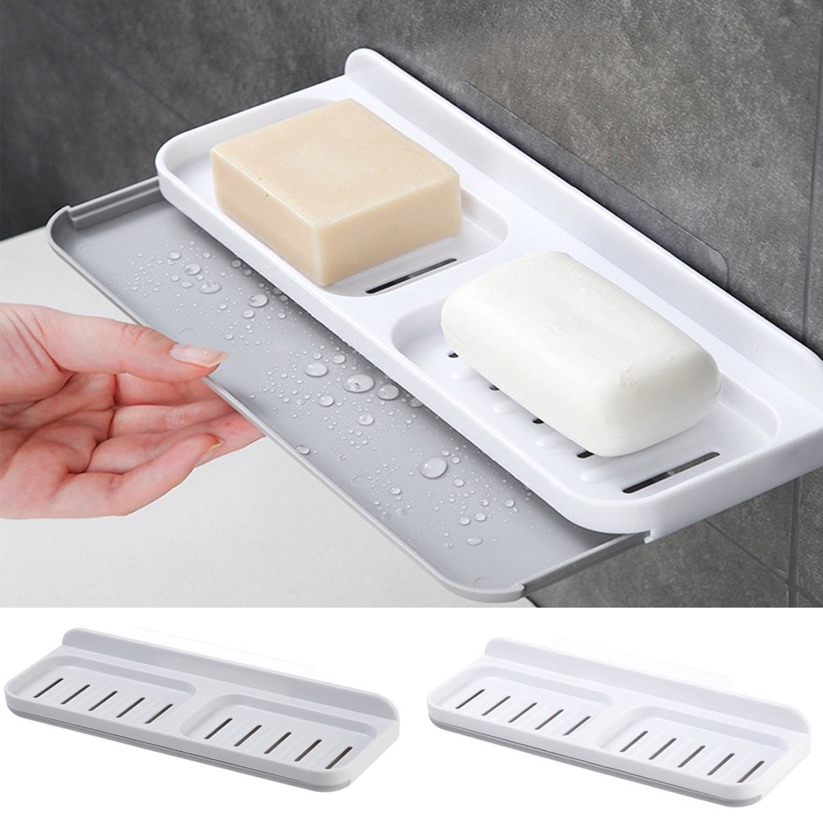 Adhesive Wall-Mounted Soap Holder Box with Hanger & Water Collector  Dual-Layer Soap Dish for Bathroom Kitchen Gray White