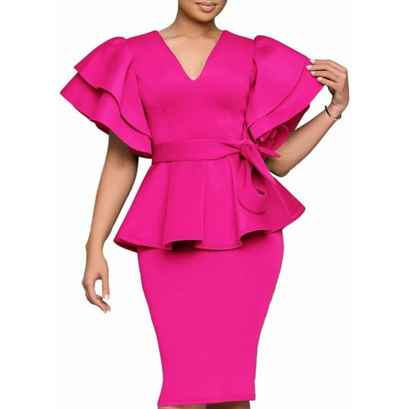 Sexy Elegant Cap sleeve Ruffles Party Evening Formal Midi Dress Bodycon Gown