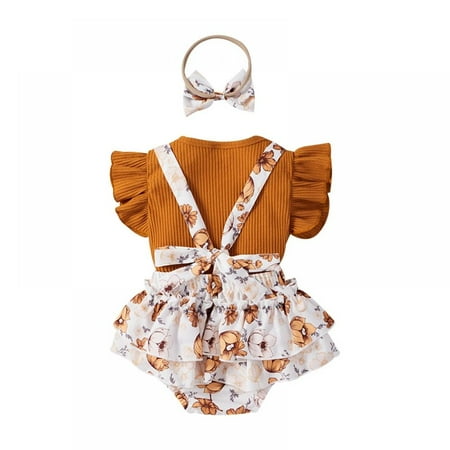 

Newborn Baby Girls Clothes Sets Baby Cute Pit Flying Sleeve Shirt + Print Shoulder Strap Trousers + Hair Band Three-piece