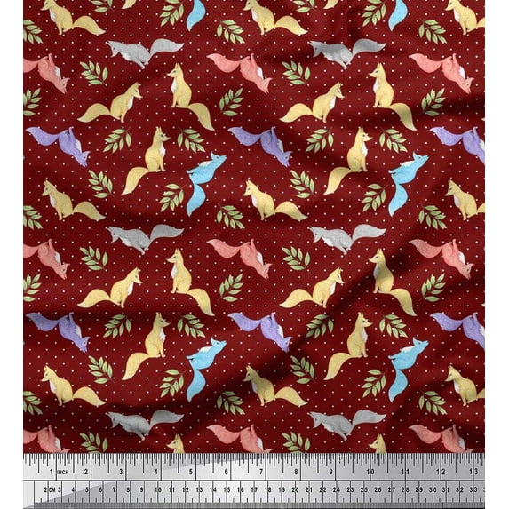 Soimoi Poly Georgette Fabric Dot,Leaves & Fox Animal Print Fabric by the Yard 42 Inch Wide