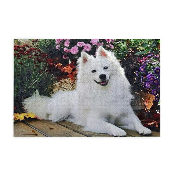 500 Piece Happy White Dog Jigsaw Puzzle For Adults – Beautiful Autumn Floral Scene, Challenging & Relaxing Wooden Brain Teaser, Unique Gift For Dog Lovers