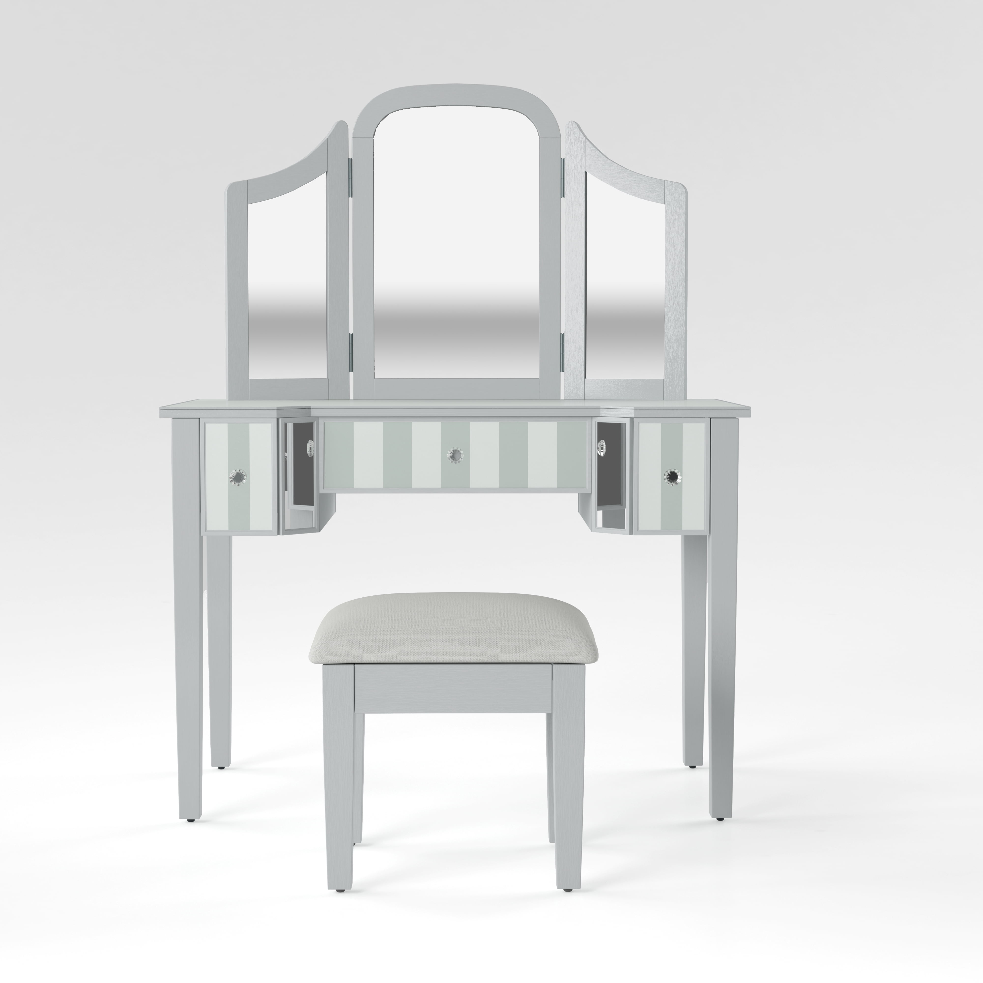 Furniture of America Aleana Modern 3-Piece Mirrored Vanity Set, Silver