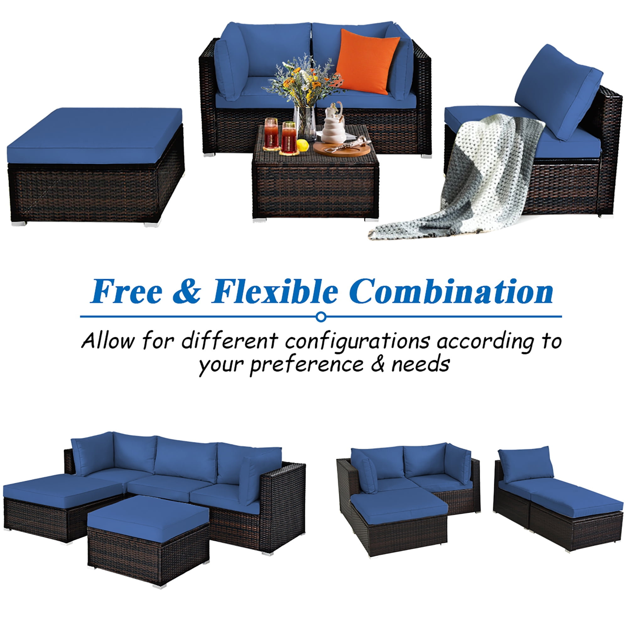 Costway 5PCS Patio Rattan Furniture Set Sectional Conversation Set Ottoman Table Navy
