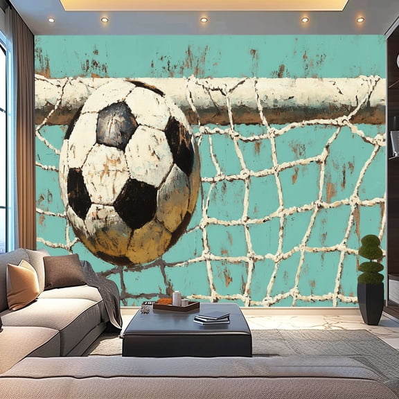 Peel and Stick Wallpaper Canvas Sports Rustic Football Sport Theme Vintage Soccer Ball Goal Net Modern Art Wall Mural Decor Self Adhesive and Removable 100in x 144in