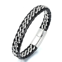 Raymard Premium Genuine Leather Bracelet Steel for Men in Black, Magnetic Stainless Steel Clasp, Braided Leather Bracelet, Wrist Cuff Bangle, Ideal Gift