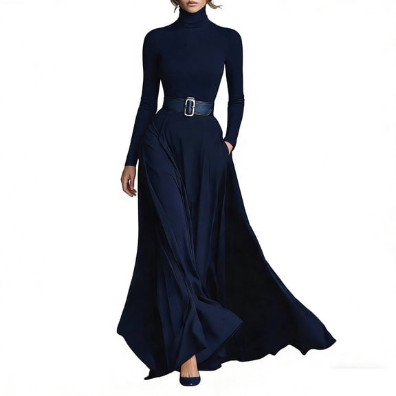 Yangnuo Womens Turtleneck Long Sleeve Solid Maxi Dress Flowy A Line Split Hem Casual Formal Wedding Guest Dress