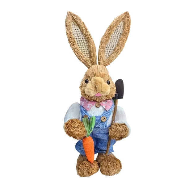 Easter Bunny Decor Easter Straw Bunny Figurine, 14" Easter Straw Bunny Figurine Tabletop Decor, Sisal Rabbit Couple Statue with Carrots&Eggs, Spring Decorations for Home Farm (D)