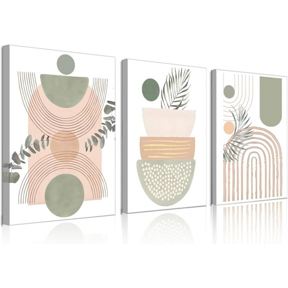 Canvas Wall Art Geometric Line Botanical Design,Boho Wall Art Set of Abstract Geometric Boho Wall Decor Palm Leaf Sage Green and Blush Pink Canvas Artwork to Hang Bedroom decor