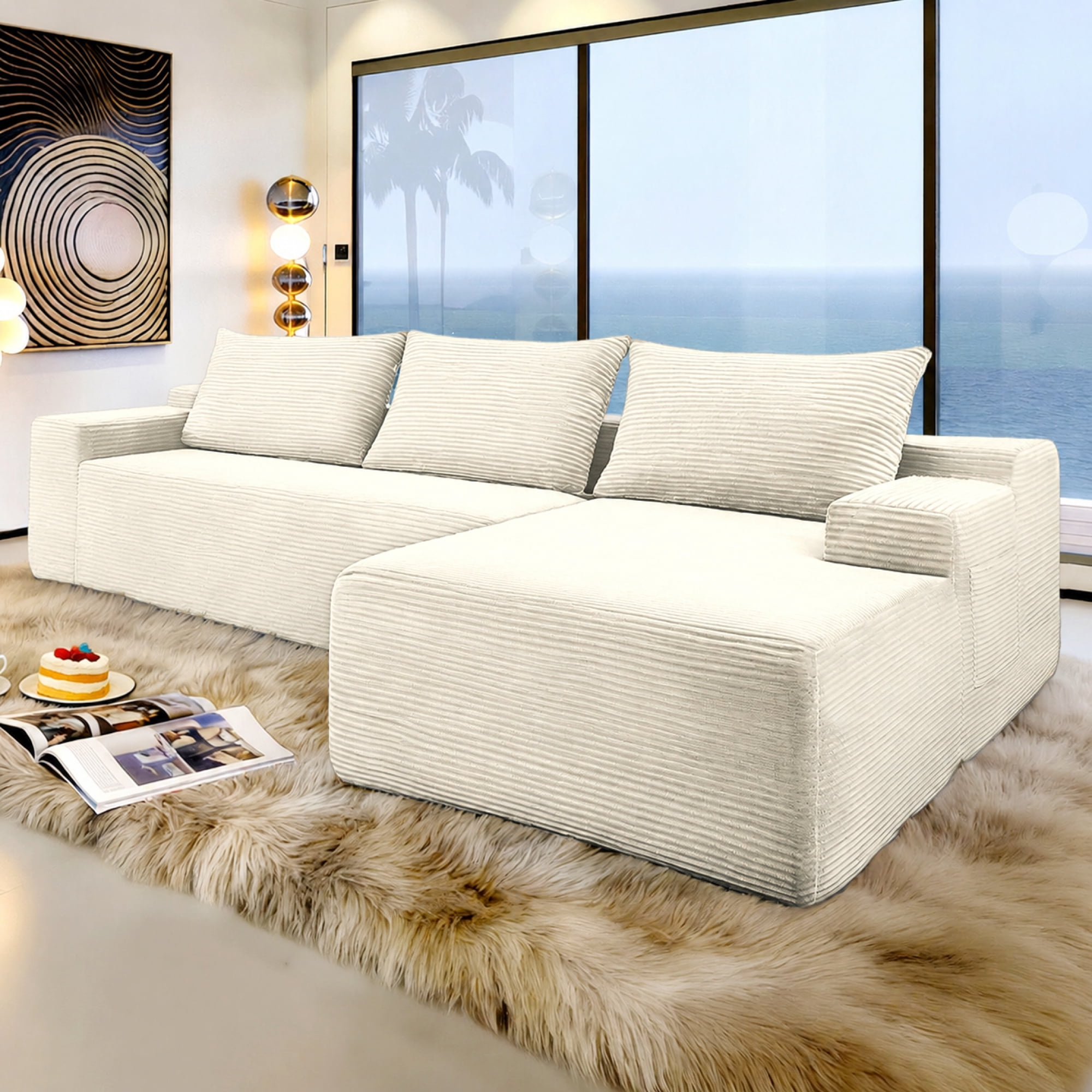 Leumius 96.9" L-Shaped Modular Sectional Sofa with Chaise,Cloud Sectional Couch with Deep Seat and Side Pockets,Comfy Corduroy Upholstered Boneless Couches for Living Room,No Assembly,White