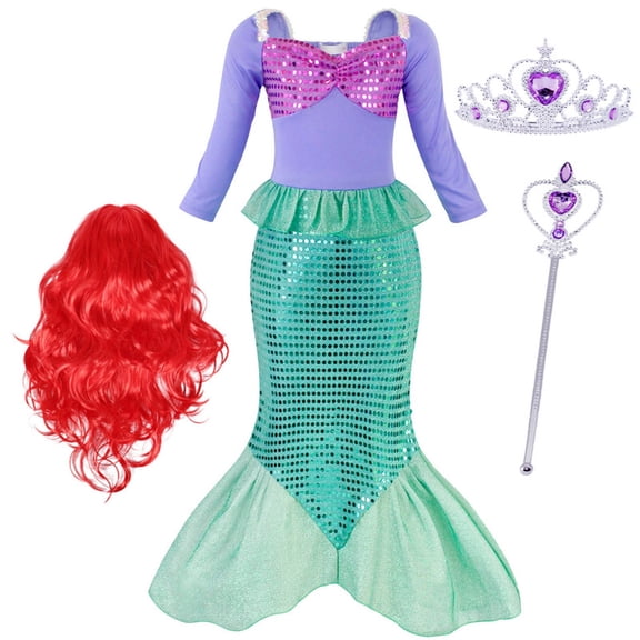 Jurebecia Little Girl Mermaid Princess Costume Sequins Dress up Long Sleeves Role-Playing Red 2-3 Years