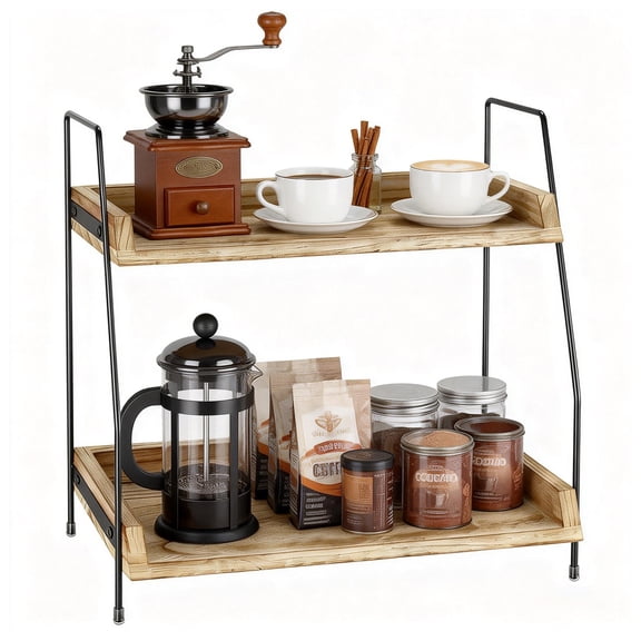WLGJL Countertop Coffee Station Organizer, 2 Tier Wooden Shelf for Coffee Bar Accessories, Condiment Storage Caddy for Kitchen, Home, Office - Brown