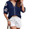 thumbnail image 1 of Blusas de Verano para Mujer, Blusas Florales Bordadas con Mangas Abullonadas, Cuello en V, Estilo Bohemio, Informal Azul Marino XL, 1 of 7
