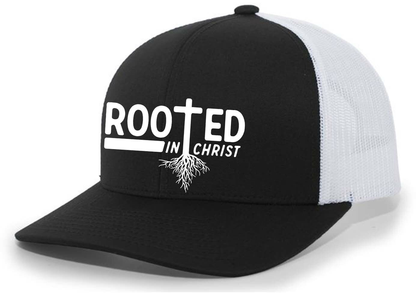 Christian Rooted In Christ Cross Mens Embroidered Mesh Back Trucker Hat