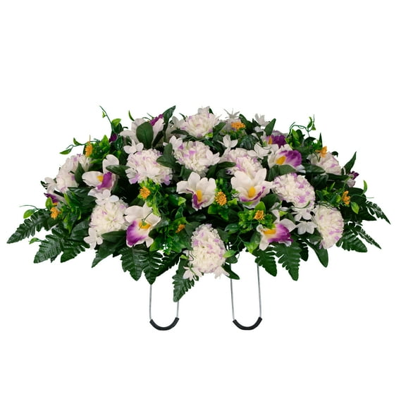Sympathy Silks Artificial Cemetery Flowers - White and Purple Carnation and Alstroemeria - Saddle for Headstone