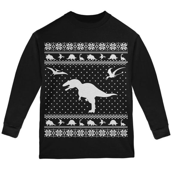 Dinosaurs Ugly XMAS Sweater Black Youth Long Sleeve T-Shirt - Youth Medium