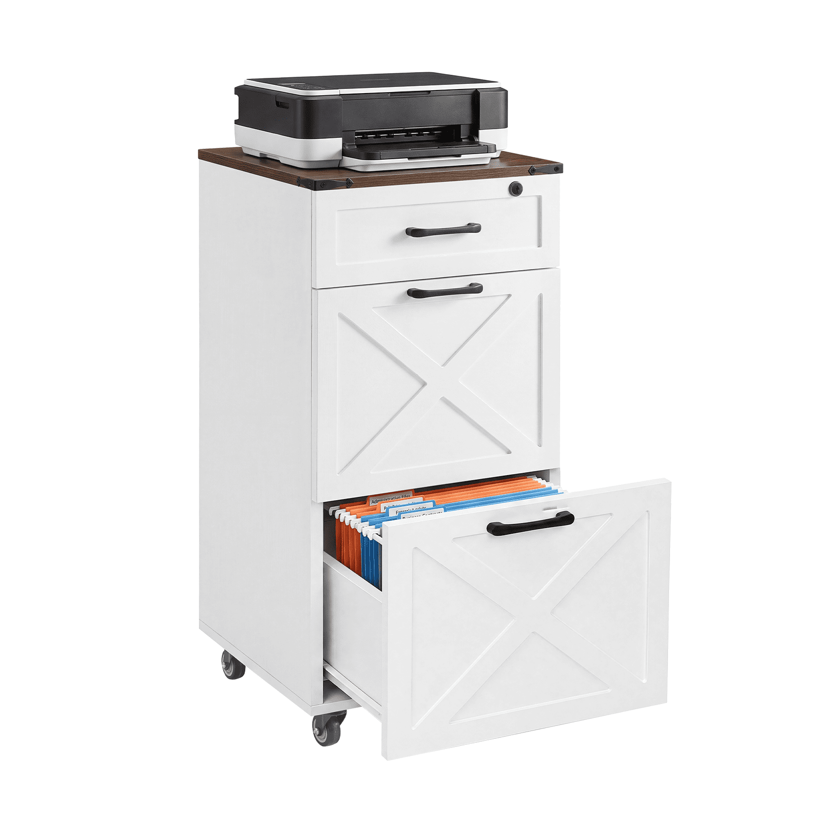 File Cabinet with 3 Drawers and Wheels, Rolling Storage Cabinet and Mobile Organizer for Letter A4 Files and Printer Stand, Rustic White