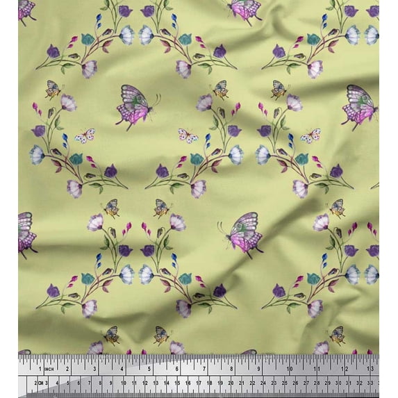Soimoi Cotton Voile Fabric Butterfly & Wildflower Floral Fabric Prints By Yard 56 Inch Wide