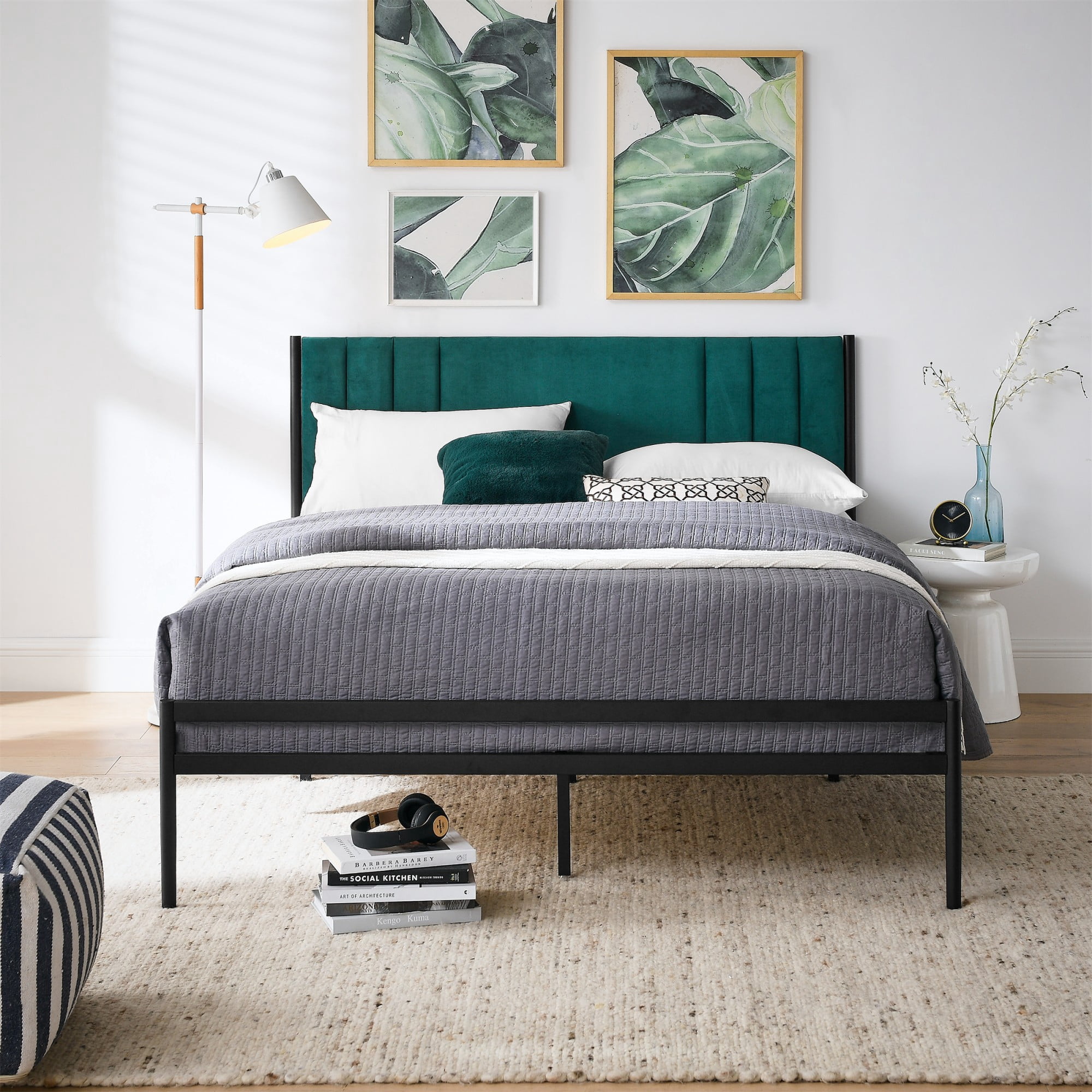 Gewnee Green Full Size Upholstered Platform Bed Frame Velvet Headboard Metal Frame Wood Slat Support No Box Spring Required for Bedroom