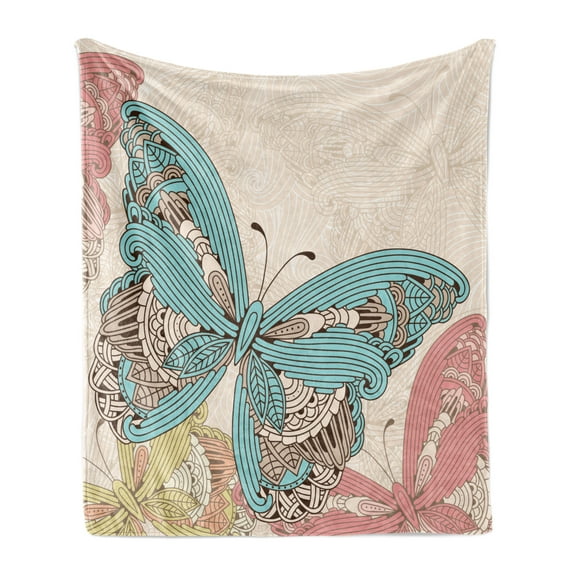 Butterfly Soft Flannel Fleece Blanket, Intricate Sketch of Gracious Insects of Spring Nature Ethnic Print, Cozy Plush for Indoor and Outdoor Use, 60" x 80", Champagne and Multicolor, by Ambesonne