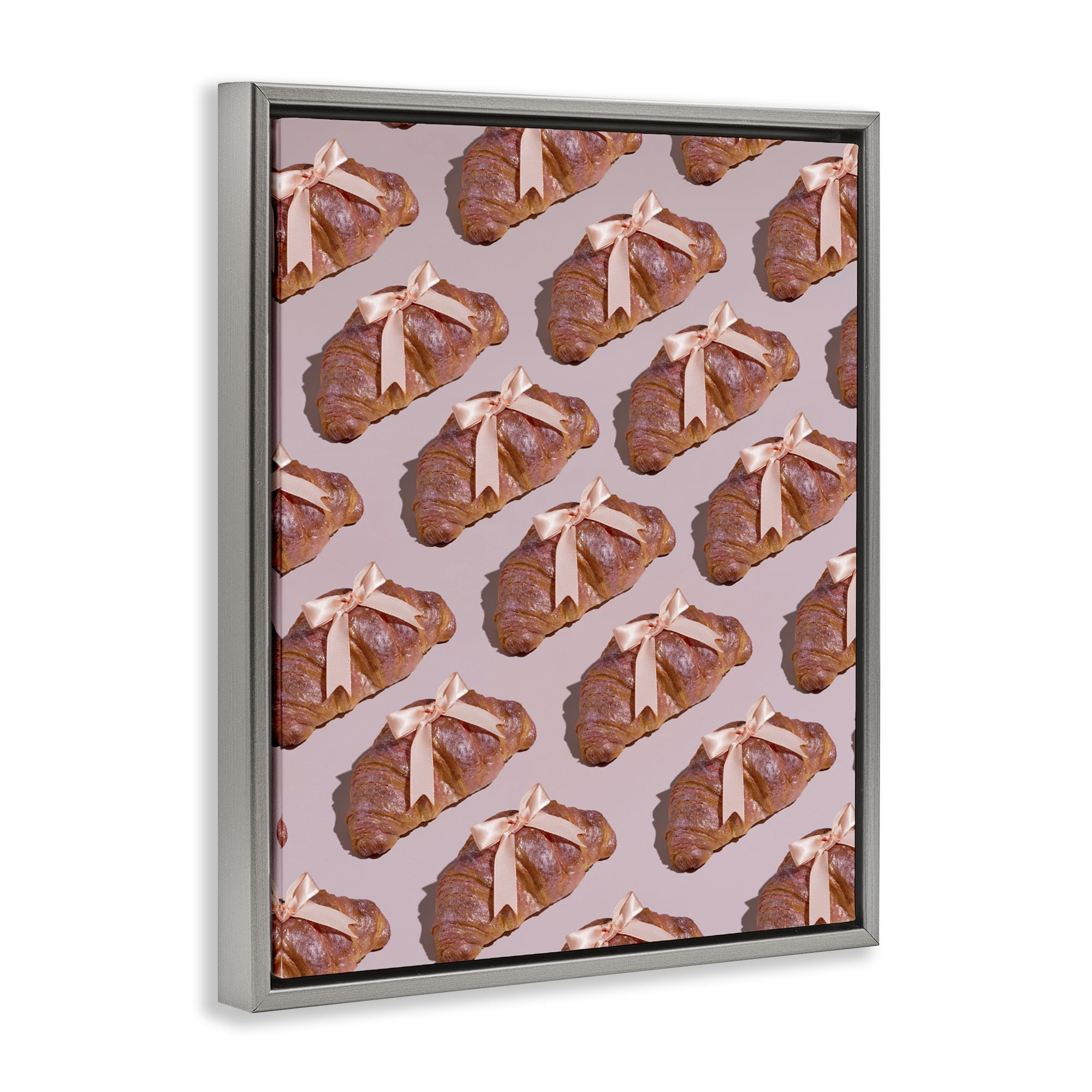 Stupell Industries Croissants with Ribbons Pattern Gray Framed Floater Canvas Wall Art, design by LISH Creative