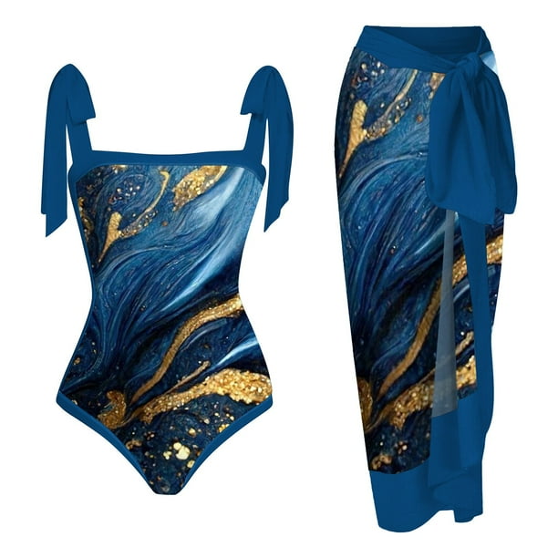 MKLEKYY Trajes De Baño Mujer Completo Women 1 Piece Swimwear+1 Piece Cover Up Two Piece Vintage Print Swimsuit Monokini Bikini 2 Piece Swimsuits Two Piece Tankini Set 770