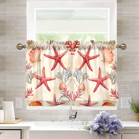 Yayeee Kitchen Curtains Tier Pair Light Filtering 27"x36" Rod Pocket Short Cafe Window Panel, Beige Starfish
