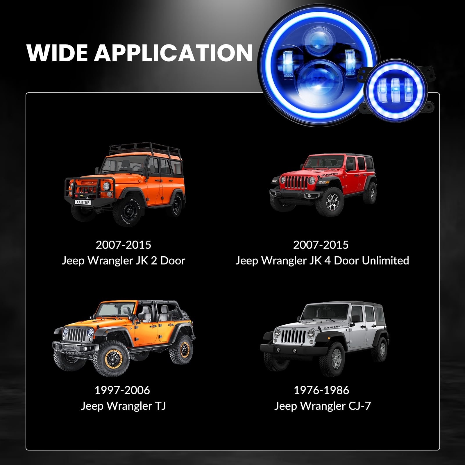 7 inch 80W LED Headlights & 4 inch 60W Fog Lights Combo w/Blue Halo Compatible with 2007-2018 Jeep Wrangler JK, DOT Approved