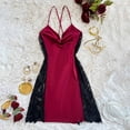 thumbnail image 4 of Women's Cool Glossy Imitation Silk Sleep Slip Dress, Delicate Lace Trim Cowl Neck Side Split Backless Spaghetti Strap Mini Nightgown Red XL(XL), 4 of 7