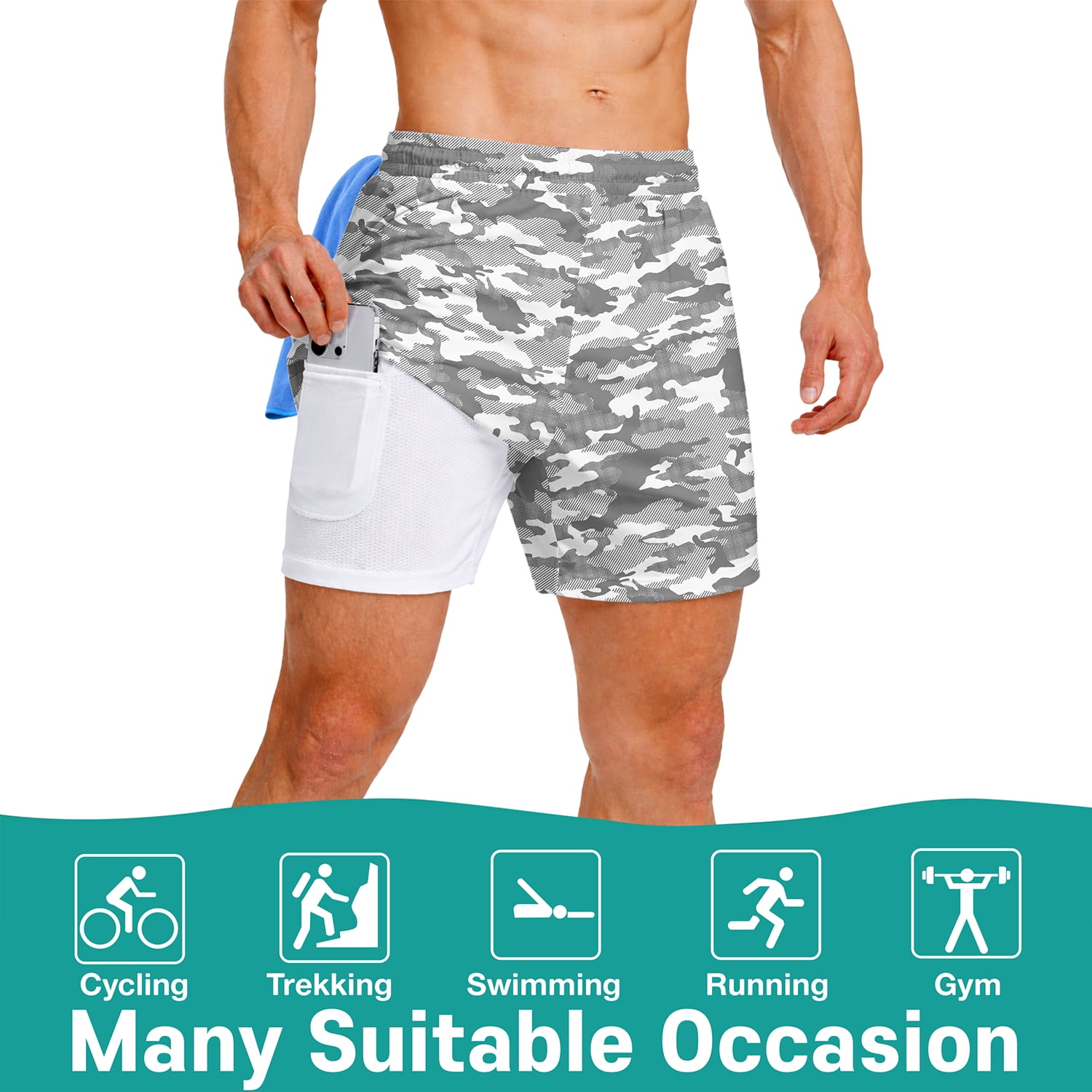 MINOUVA 2-in-1 Swim Trunks Compression Liner Quick-Dry Stretch Fabric Swimwear Bottoms Men's