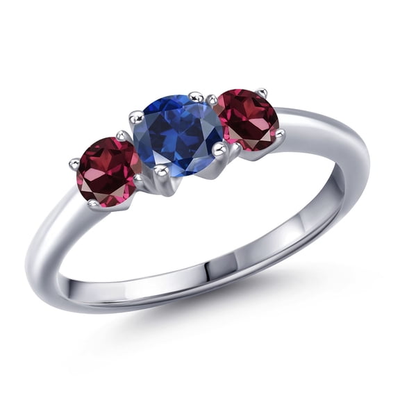 Gem Stone King 925 Sterling Silver Blue Created Sapphire and Red Rhodolite Garnet Engagement Ring for Women | 1.34 Cttw | Round 5MM | Gemstone September Birthstone | Size 9