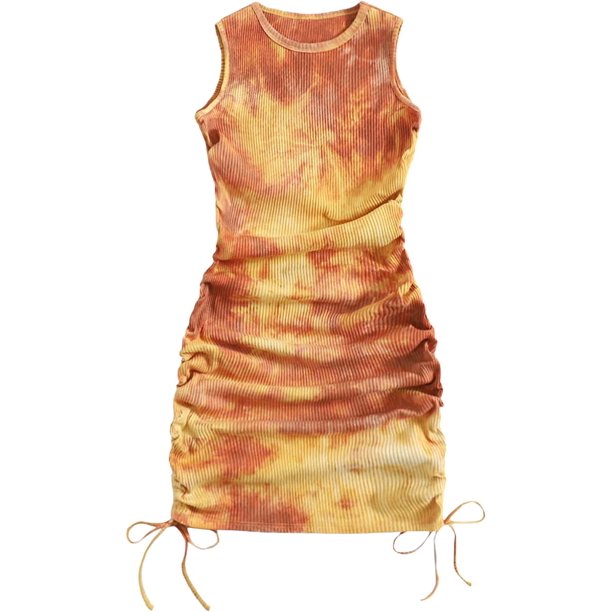 Vestido corto sin mangas fruncido para mujer, con cordón y lazo lateral, cuello redondo, vestido corto Tinte amarillo G Tinte amarillo G Xishao ropa