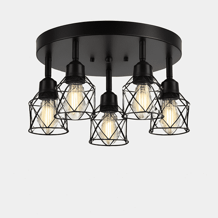 5-Light Adjustable Kitchen Light Fixtures Multi-Directional Black Ceiling Light Fixtures Semi Flush Mount Ceiling Light Vintage Metal Cage Spotlight Fixture for Hallway Dining Room Entryway