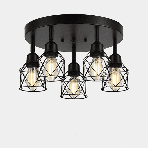 5-Light Adjustable Kitchen Light Fixtures Multi-Directional Black Ceiling Light Fixtures Semi Flush Mount Ceiling Light Vintage Metal Cage Spotlight Fixture for Hallway Dining Room Entryway