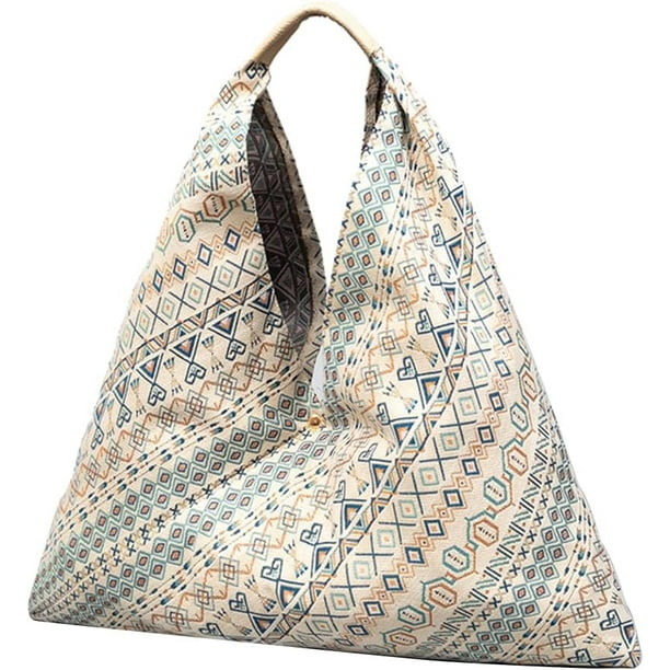 LHSHID Canvas Handbag for Women Ethnic Style Tote Top Handle Summer Beach Large Shoulder Bag