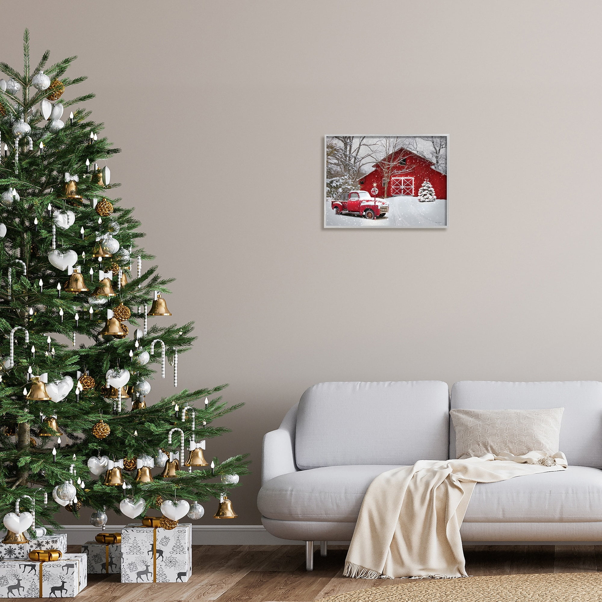 Red Barn & Truck Powdery Snow Rural Scenery Transportation Painting Framed Art Print Wall Art