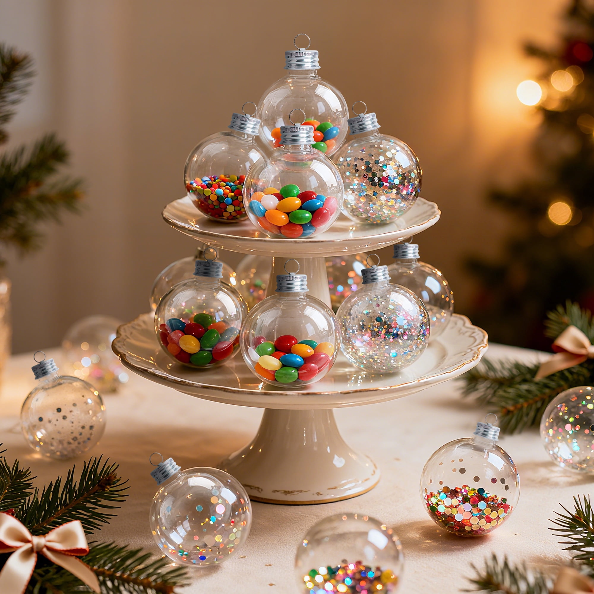 Fillable Christmas Ornament Balls for Drinks, 5 oz Plastic Bulb Ornaments, 6 Pack Hanging Tree Decor for Holiday Parties and Stocking Stuffers