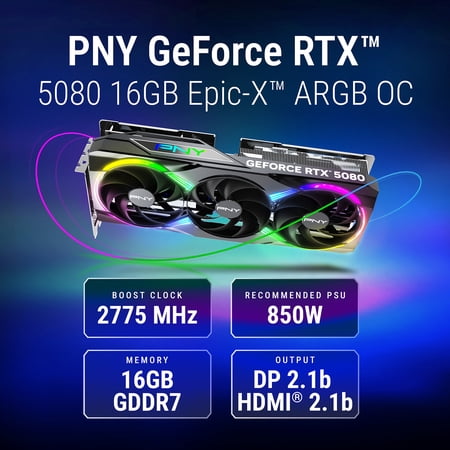 PNY NVIDIA GeForce RTX™ 5080 Epic-X™ ARGB OC Triple Fan, Graphics Card (16GB GDDR7, 256-bit, Boost Speed: 2775 MHz, PCIe® 5.0, HDMI®/DP 2.1, 2.99-Slot, NVIDIA Blackwell Architecture, DLSS 4)
